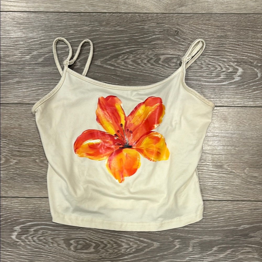 Floral Print Women's Top - Cream with Orange Flower